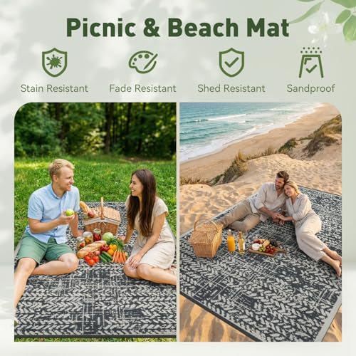 MontVoo Outdoor Rug Waterproof-Patio Rug Mat 6x9 Outdoor RV Camping Picnic Beach Mat Plastic Straw Rugs Outside Outdoor Area Rugs for Balcony Deck Backyard Grey - Image 5