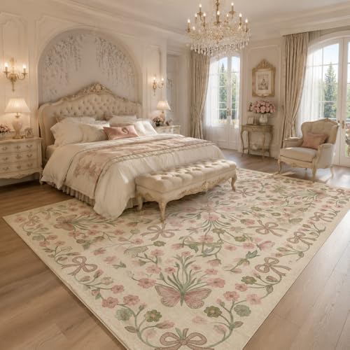 9x12 Pink and Green Vintage Floral Butterfly Bow Living Room Rug - Image 3