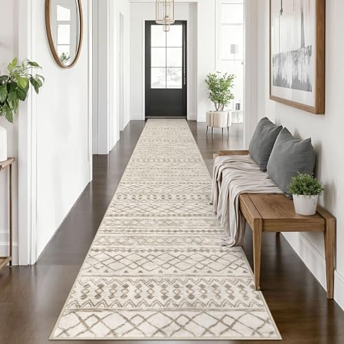 KUTA Boho Long Runners for Hallways 2.6x14 ft Moroccan Beige Washable by KUTA
