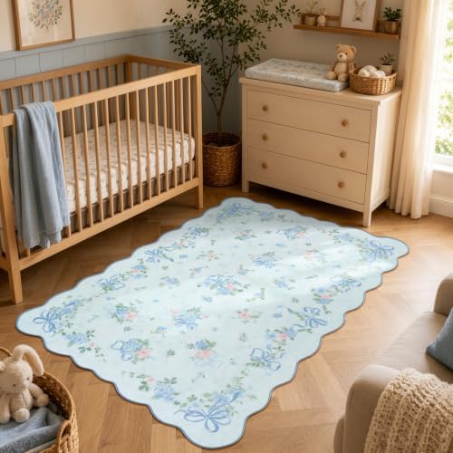 Wonnitar 4x6 Area Rug for Kids Bedroom, Washable Boho Blue Bow Floral Rug - Image 6