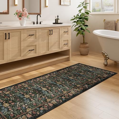 DUKINO 2x10 Runner Rug, Washable Vintage Floral Kitchen Rug, Black - Image 5