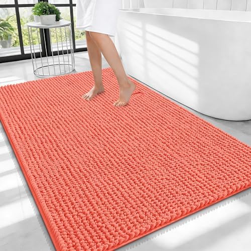 OLANLY Thick Chenille Large Bathroom Rugs 40x32, Absorbent Bath Mat, Coral by OLANLY
