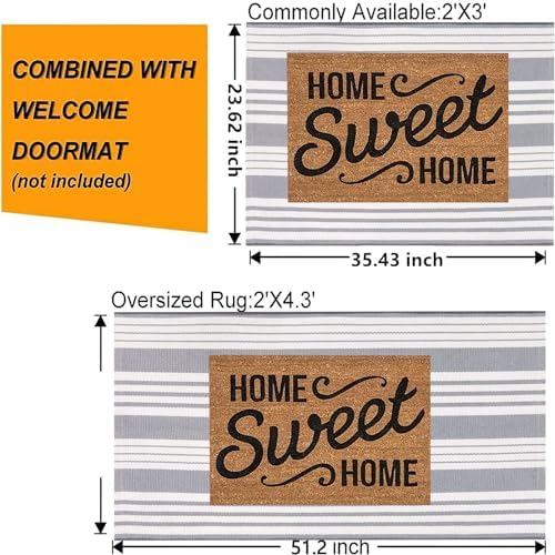 Grey and White Outdoor Rug 24"x51"Cotton Washable Striped Front Porch Rug - Image 3