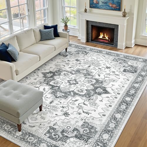 befbee 6x9 Washable Area Rug for Living Room Vintage Floral Carpet Grey by Befbee