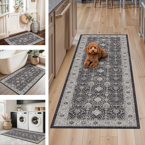 3 Pieces Kitchen Rug Sets: Farmhouse Washable Non-Slip Floor Mat for Sink Stove & Fridge Area Water Resistant Carpet for Laundry Room Entryway Soft Cozy Runners for Kids Pets Family(2x3+2x4+2x5,Black) - Image 3