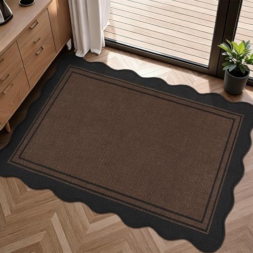 Scalloped Easy Jute Kitchen Rug 2x3 Front Door Mat Black Brown Entryway Rug by Zeeinx
