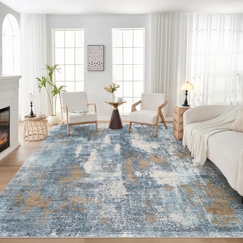 DMOYEST Area Rug Living Room Rugs - 10x12 Washable Large Soft Indoor Neutral Modern Abstract Low Pile Rug Carpet for Bedroom Dining Room Farmhouse Home Office - Blue Brown by DMOYEST