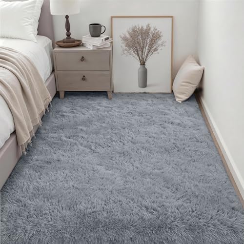 Area Rug Living Room Bedroom: 4x6 Fluffy Plush Shag Carpet Gray - Image 3