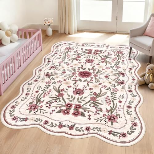 Scalloped Floral Rug 5x7, Burgundy Ivory Washable Non Slip Area Rug for Girls Bedroom, Soft Low Pile Cottagecore Carpet for Nursery, Dorm, Kids Room, or Living Room by Dadasgk