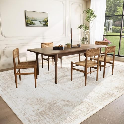 Area Rug 9x12 Washable Rug, Vintage Boho Medallion Rugs Non-Slip Soft Low Pile Large Distressed Rug Indoor Retro Carpet for Living Room Bedroom Dining Room Home Office (Beige, 9'x12') - Image 3
