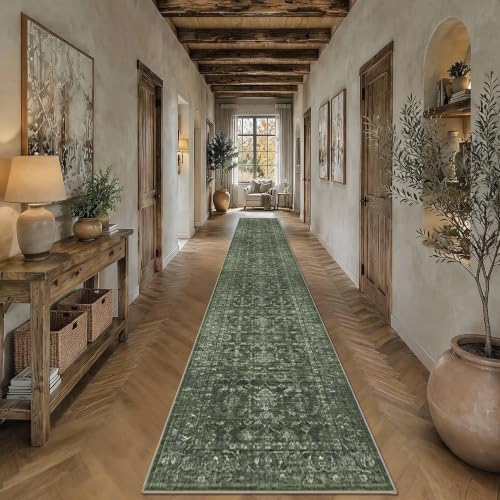 3x14 Washable Kitchen Runner Rug Soft Vintage Dark Green Throw Carpet - Image 2
