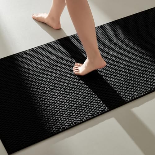 TYUU Black Bathroom Runner Rugs, Long Bath Mat Runner Washable Thin Quick Dry Low Pile Bathroom Runner Rugs Non Slip, Black 16''x60'' by TYUU