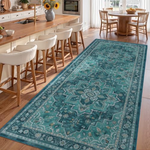 Washable Hallway Wide Runner Rug 4'x8', Vintage Medallion, Boho Teal - Image 4