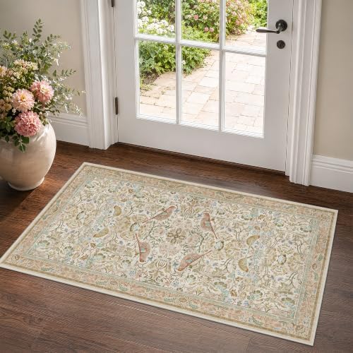 Beige 2x4 Washable Rug for Bathroom, Entryway Non Slip - Soft Low Pile Boho Small Throw Rugs for Kitchen, Powder Room - Unique Boho Bird Botanical Decorative Door Mats Stain Resistant by HazoHaus