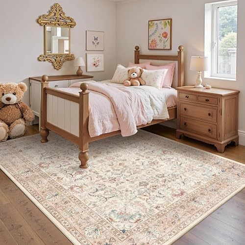 5x7 Washable Bedroom Area Rug Non-Slip Vintage Pink Throw Carpet - Image 2