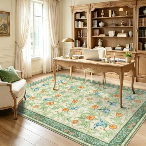 5x7 Area Rug for Living Room, Green Floral Boho Washable Rugs for Bedroom - Image 3