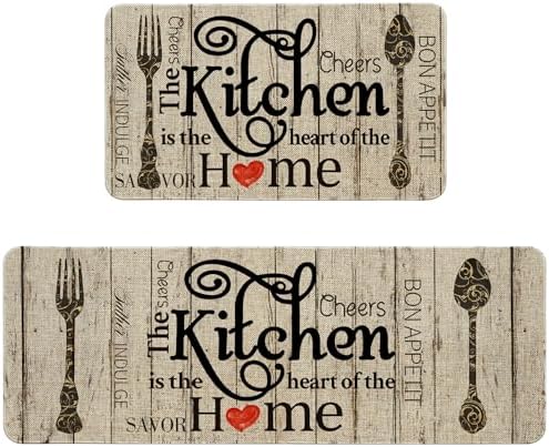 Farmhouse Kitchen Mats for Floor 2 Piece, The Kitchen is The Heart of The Home Grey Rustic Kitchen Rugs Decor Sets of 2 Non Slip Washable by Unknown