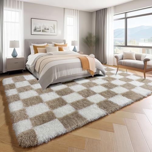 KICMOR Rugs for Living Room 7x10 Area Rug, Beige and Cream White Large Fluffy Shag Shaggy Fuzzy Checkered Bedroom Big Carpet, Soft Plush Rug for Kids Boys Girls Dorm Nursery Home Decor Aesthetic - Image 3