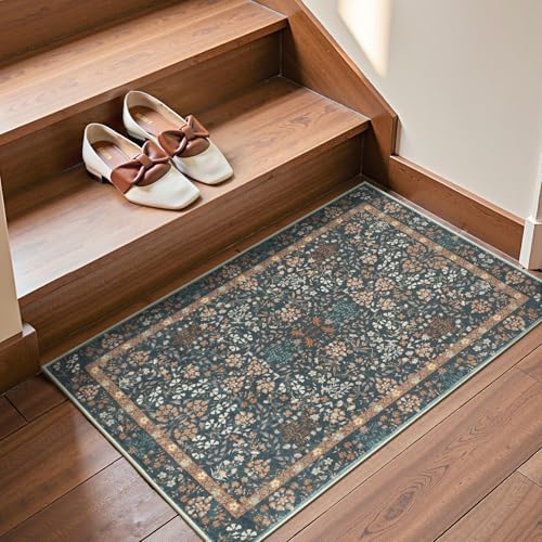 jinchan 2x3 Washable Entryway Area Rug, Floral Non-Slip, Dark Blue - Image 3