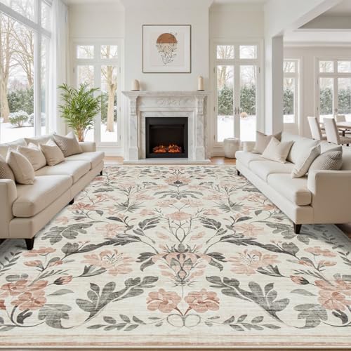 10x14 Area Rugs Boho Floral Washable Living Room Rug Neutral Carpet Bedroom by Yidanamy