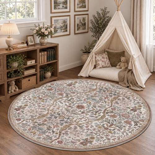 Round Rug 6ft Floral Circle Rug Khaki Botanical Indoor Area Rug - Image 4