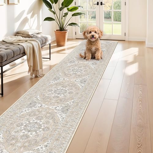 Washable Kitchen Runner Rug 2x10: Non-Slip Hallway Entryway Rugs with Rubber Backing Stain Resistant Soft Thin Low Pile Carpet for Bedroom Indoor Vintage Home Decor Mat for Bathroom (Beige/Cream,2x10) - Image 2
