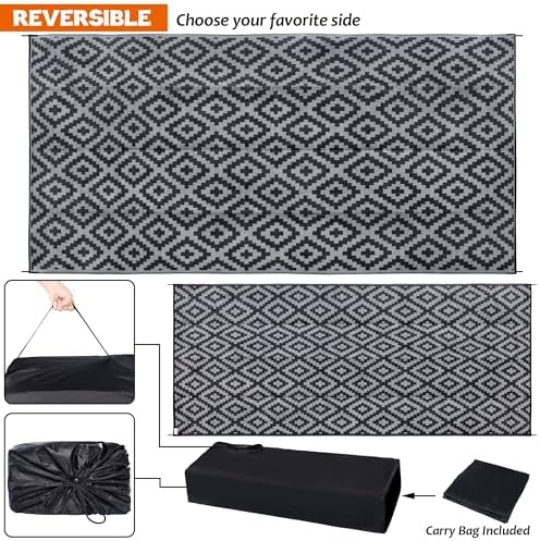 SAND MINE Waterproof Outdoor Rug 10x20 ft, Plastic Reversible Rug, Modern Area Rug, Large Floor Mat for Outdoors, RV, Patio, Backyard, Deck, Picnic, Beach, Camping, Black & Grey - Image 3