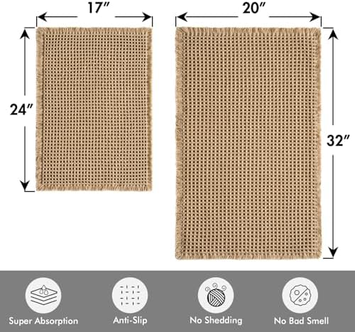 MIULEE Set of 2 Waffle Bathroom Rugs Boho Bath Mat Brown 17"x24"+20"x32" - Image 2