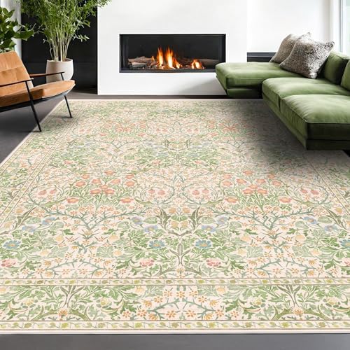 Washable Light Green Rug for Bedroom - 9x12 Large Area Rug for Dining Room Under Table, Living Room, Soft Low Pile Carpet for Playroom - Vintage Floral Non-Slip Stain Resistance (9x12 Beige Green) - Image 3