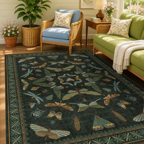 Dark Green Area Rugs 5x7 for Living Room - Fairy Fantasy Moss Rugs for Dining Room Table, Bedroom, Whimsical Insect Boho Moth Décor, Washable Non Skid Soft Carpet by HazoHaus
