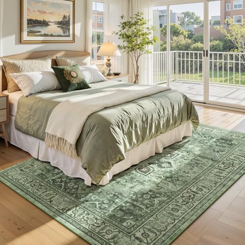 Sage Green Boho 6x9 Living Room Rugs, Washable Lightweight Carpet - Image 3