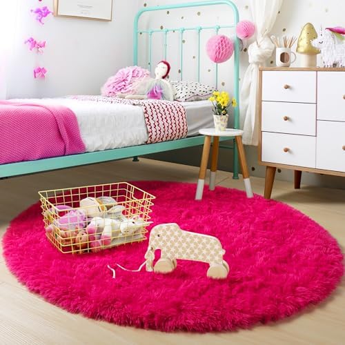 Amdrebio Hot Pink Fluffy Round Rug 4Ft for Girls Bedroom Kids Room Nursery - Image 5