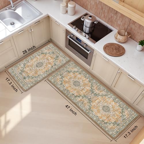 Boho Kitchen Mats for Floor 2PC Anti Fatigue Kitchen Rugs, Green Orange - Image 2