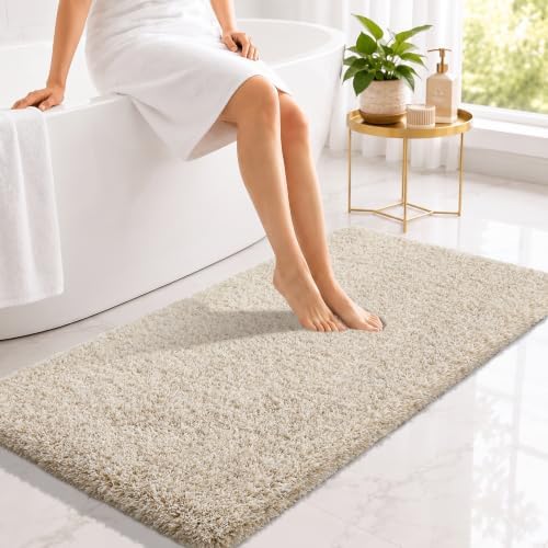 Yimobra Bathroom Runner Rug 47x24, Non Slip Washable Bath Mat, Beige&White by Yimobra