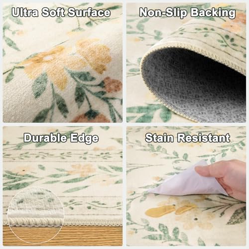 PLHXFR Area Rug Living Room: 5x7 Floral Washable Boho Carpet Beige Multi - Image 7