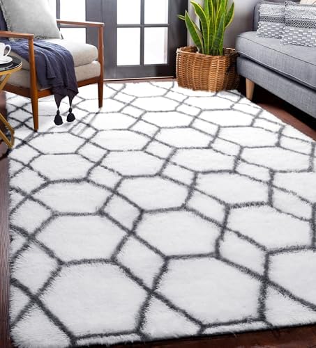Area Rugs for Bedroom Living Room, 4x6 Fluffy White and Grey Geometric Rug - Image 5