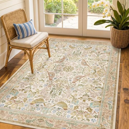 Washable Area Rug 4x6 for Living Room - Boho Western Nature Rugs for Bedroom, Kitchen, Office, Large Entryway, Rustic Botanical Decor, Non-Slip Low Pile Beige Ultra Soft Bird Carpet by HazoHaus