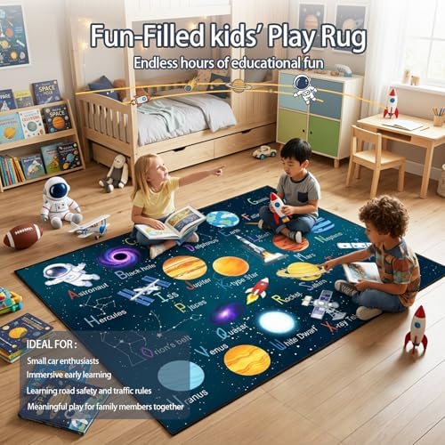 5x7 Ft ABC Alphabet Educational Area Rug for Children Girls Boys Leaning, Outer Space Decorative Rug for Kids Playroom, Classroom, Bedroom, Non-Slip & Soft Faux Wool Kids Carpet-Washable - Image 5