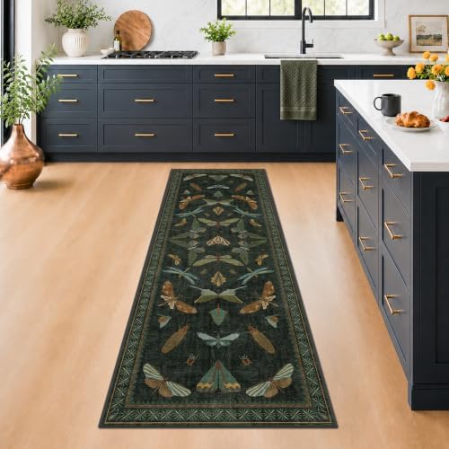 Hazo Haus Washable Insect 2x6 Runner Rug for Hallway- Stain Resistant Kitchen Runners, Floral Whimsical Indoor Floor Mat for Bathroom, Soft Non Slip with Rubber Backed, Dark Green - Image 3
