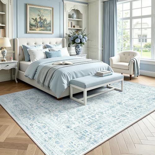 6x9 Area Rugs, Washable Vintage Retro Floral Rug for Living Room, Low Pile Non Slip Distressed Large Carpet for Bedroom, Dining Room, Office, Home (Blue) - Image 3