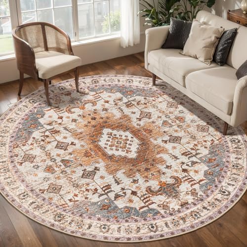Tangsoo Washable Round Area Rugs 6ft, Vintage Non Slip Large Circle Rug by Tangsoo