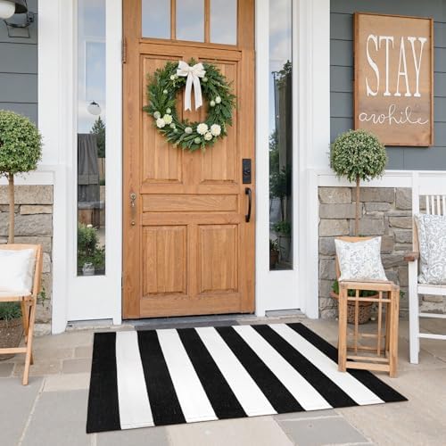 KIMODE Black and White Outdoor Rug Fall Front Door Mats Layered Porch Rug - Image 6