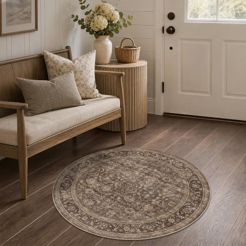 JOOJA 3x3 Dark Brown Vintage Low Pile Washable Boho Small Round Kitchen Rug - Image 2