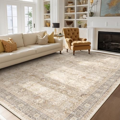 Earth Tone 7x10 Rugs for Living Room, Vintage Neutral Area Rug for Bedroom Dining Room, Low Pile Thin Washable Non Slip Room Rug for Home Office Playroom Family Room, Farmhouse Beige Taupe by Jainmy