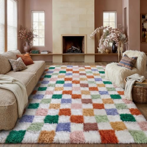 PureCozy Colorful Area Rug 6x9 for Living Room Soft Checkered Shag Carpet by PureCozy