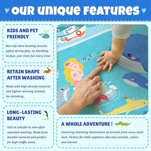 Blue Ocean Themed Rug for Kids Room – 5x8 Underwater Area Rug with Sea Creatures & Mermaid, Washable Non Slip Crawling Carpet for Bedroom or Playroom - Image 6