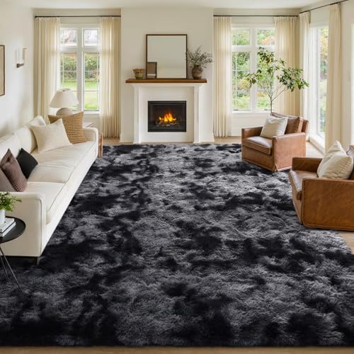 9x12 Non-Slip Fluffy Area Rugs For Living Room (Tie-dye Dark Grey) by FinRe%CC%80cHome