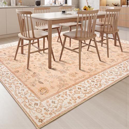Goideal Peach Rug for Girls Room, 4x6 Floral Washable Area Rug Non Slip, Boho Low Pile Carpet with Rubber Backing for Bedroom Living Room Bathroom Playroom Nursery Office - Image 4
