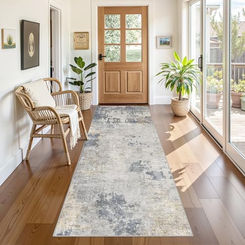 UERMEI 3x8 Washable Runner Rug for Hallway, Non Slip Low Pile Kitchen Carpet, Neutral Modern Abstract Indoor Floor Mat for Entryway Laundry, Kid & Pet Safe High Traffic Area, Blue Grey - Image 3