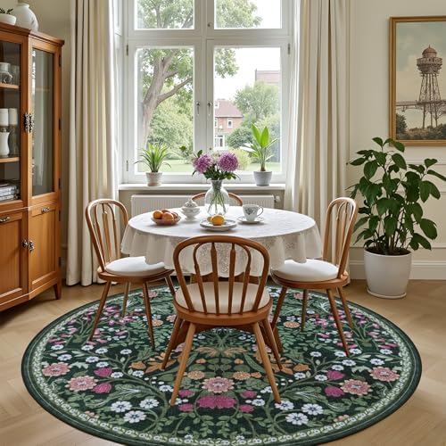 PLHXFR Round Area Rug Living Room: 6 ft Floral Washable Carpet Dark Green - Image 4